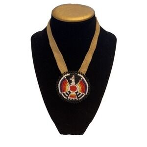 VTG Native American Red White Blue Seed Bead Flower Thunderbird Pendant Necklace